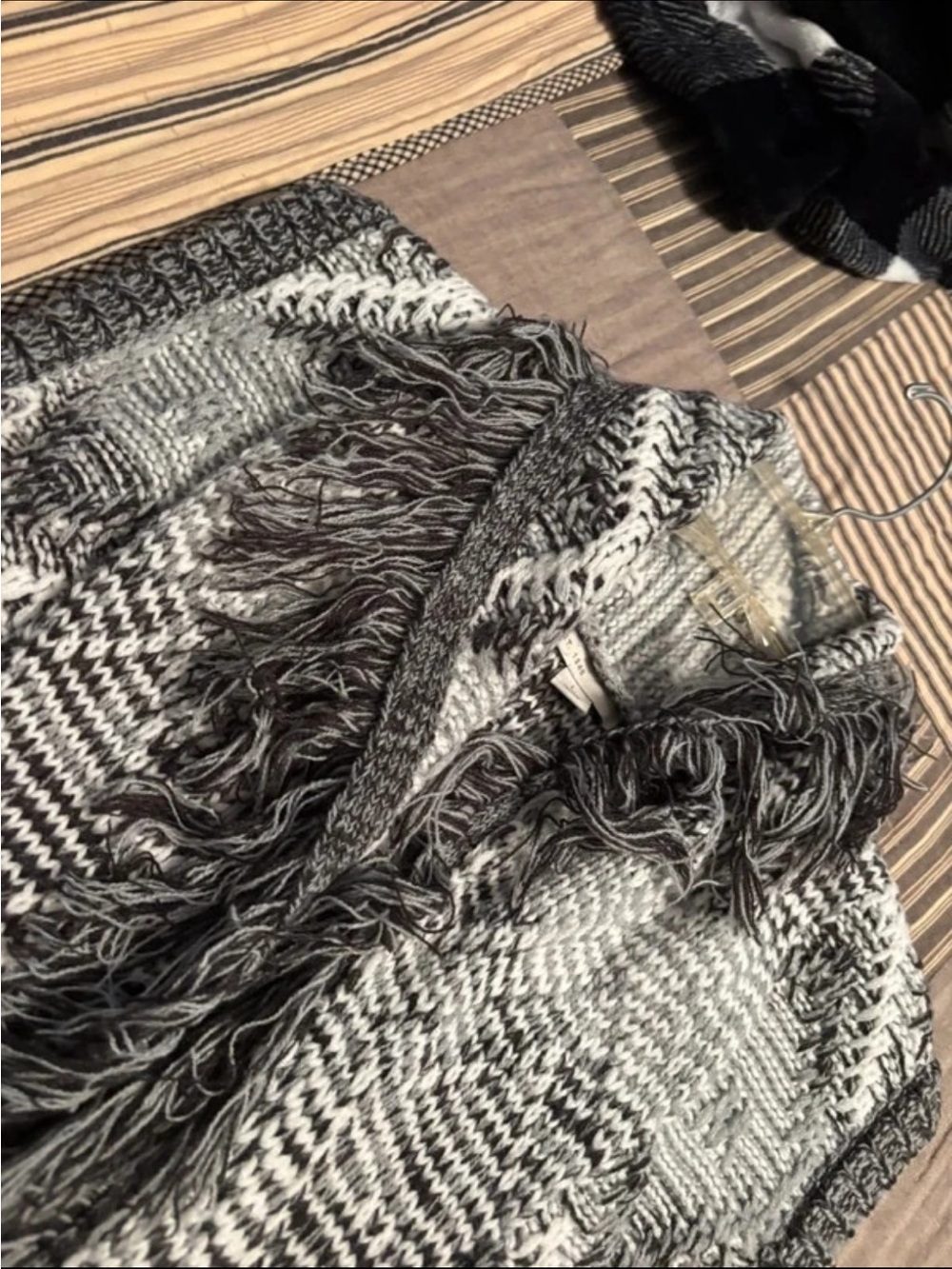Gray Open-Front Fringe Knit Poncho Shrug